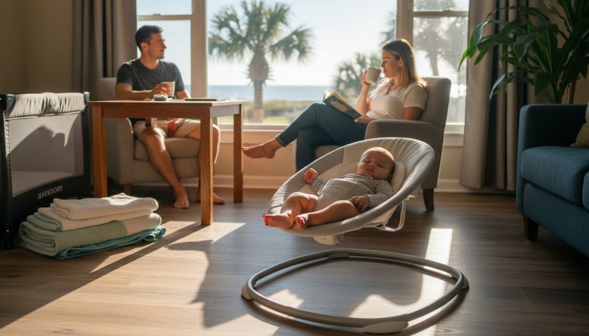 A happy baby contentedly sitting in a baby swing inside a bright, airy vacation rental living room near a beach, with warm natural light streaming through sheer curtains and ocean-visible through the window