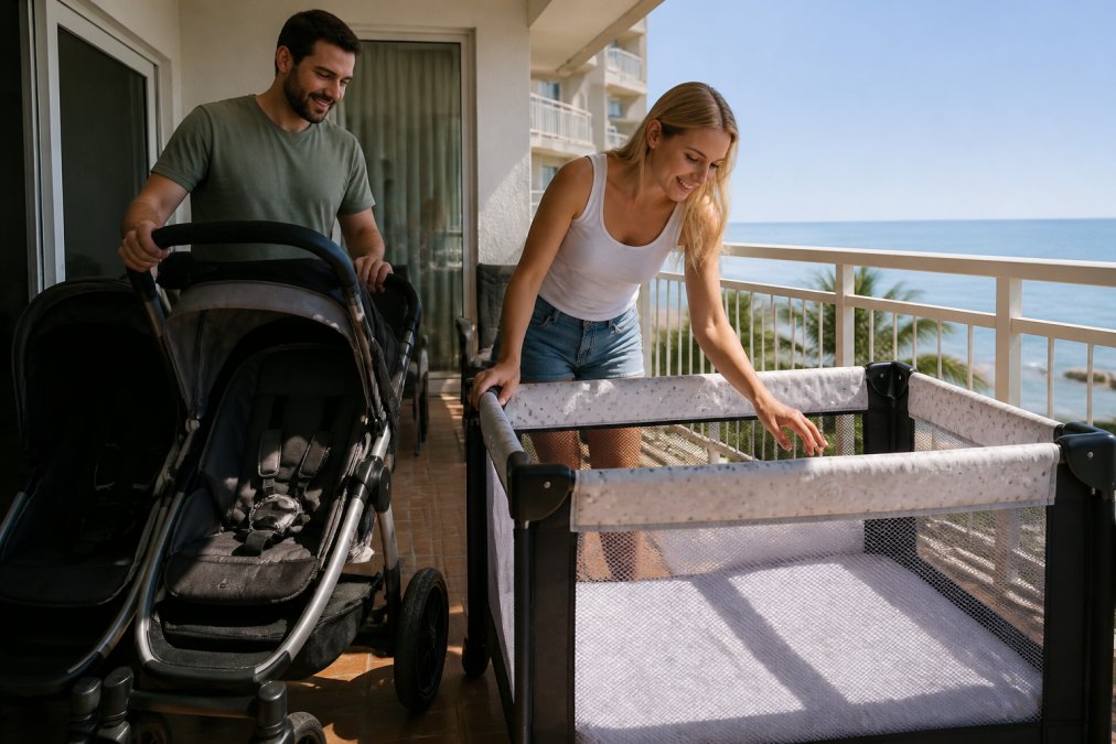 Parent unpacking a delivered crib and stroller at a beachfront vacation rental in Saint Augustine, with clean white bedding and modern stroller visible on a sunny balcony