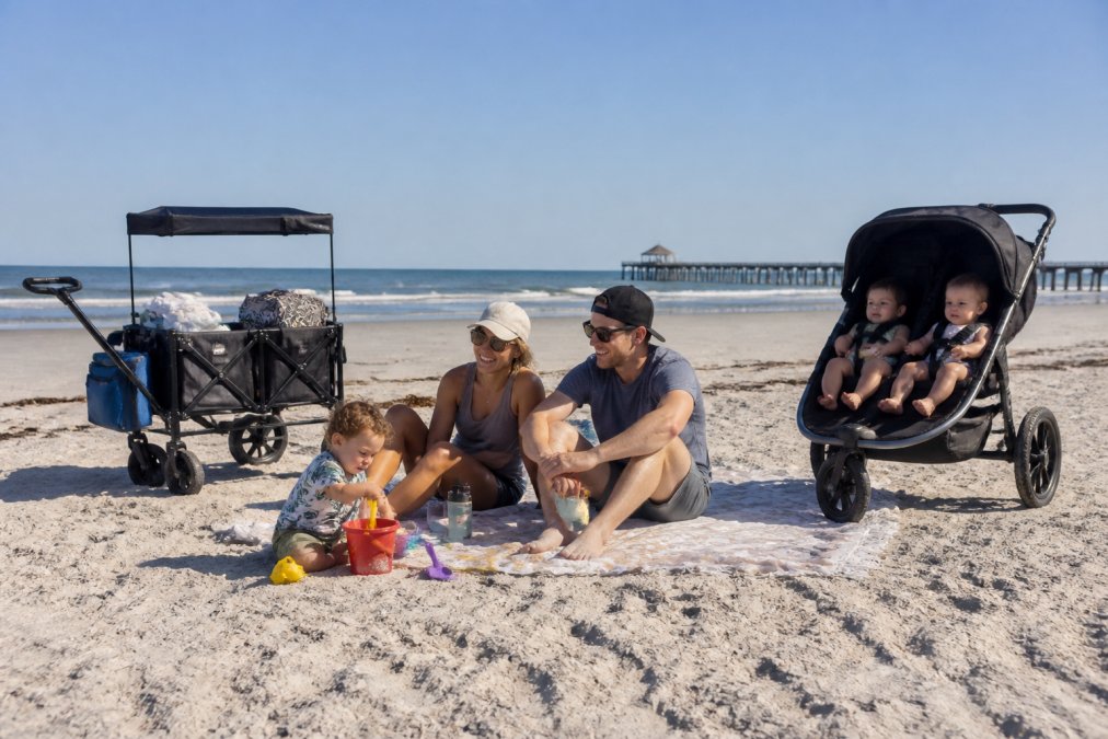 Family enjoying a sunny day at Jacksonville Beach with a rental stroller and beach wagon, parents relaxed on a blanket while toddler plays nearby