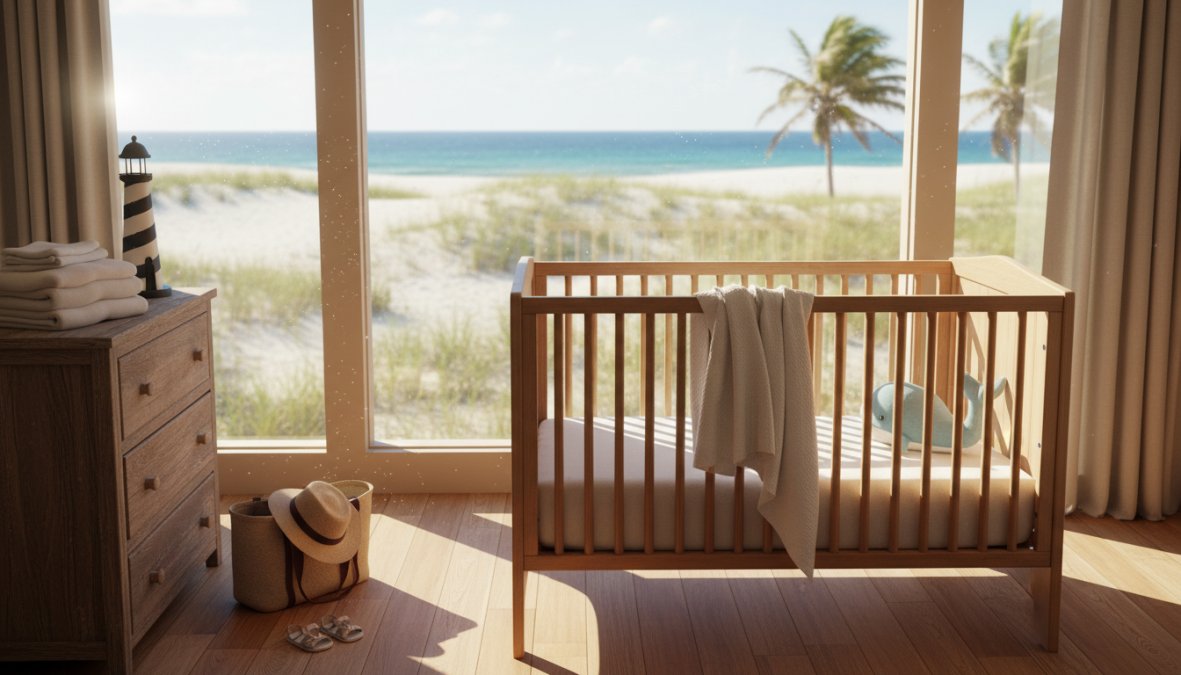 A neatly assembled full-size white crib set up in a bright, airy vacation rental bedroom near a window with warm coastal morning light streaming in, white bedding in place and ready for a baby