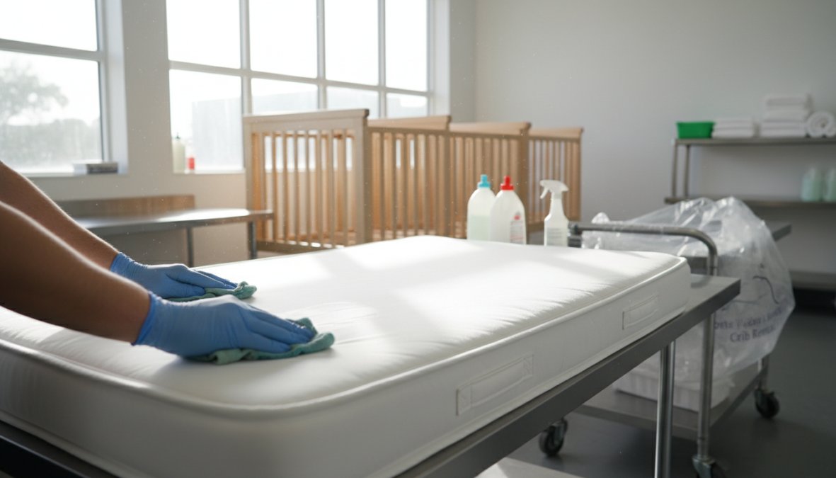 A pair of gloved hands carefully wiping down and inspecting a white crib mattress on a clean stainless steel preparation table under bright fluorescent lighting, emphasizing sanitization before delivery